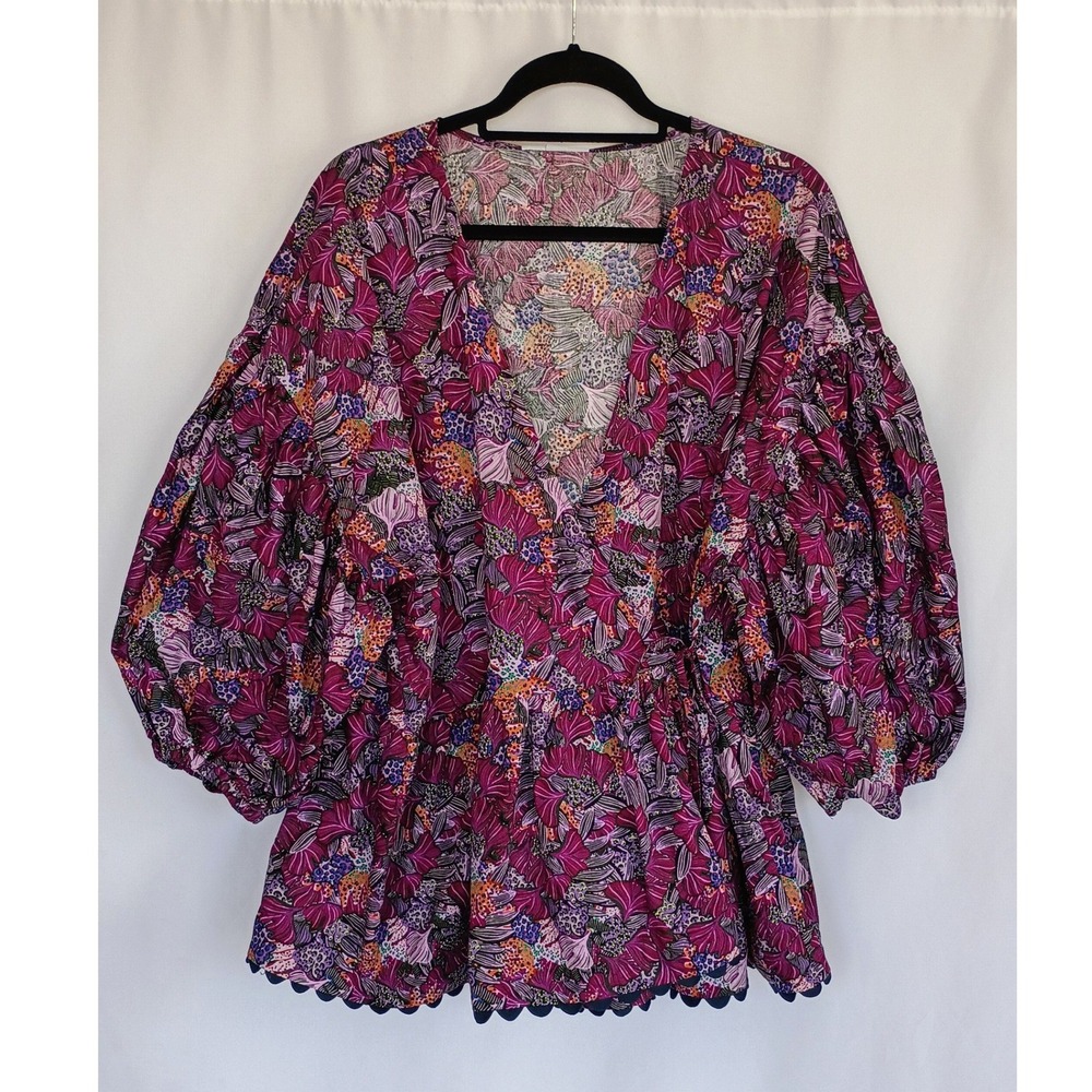 Kika Vargas Purple Floral Puff Sleeve Scallop Wrap Top Blouse 2X‎ Boho Peplum